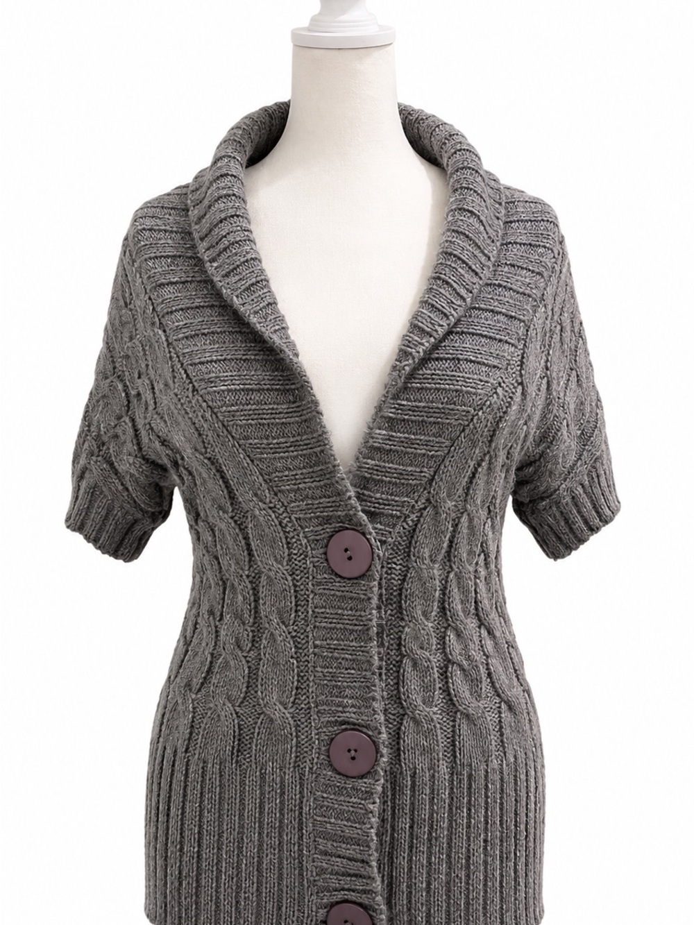 Le Temps Des Cerises Gray Cable-Knit Shawl Collar Short-Sleeve Cardigan #y2k